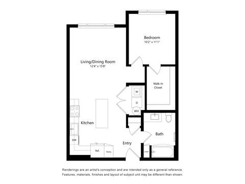 Floor plan for 1 bed, 1 bath, 769 sqft